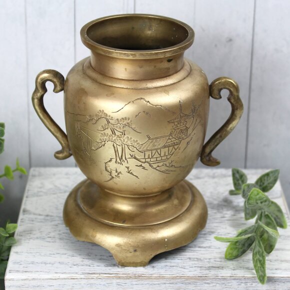 Vintage Brass Bronze Vase Urn Pedestal w/ Asian Etching Pagoda Landscape Seaside - Picture 1 of 9